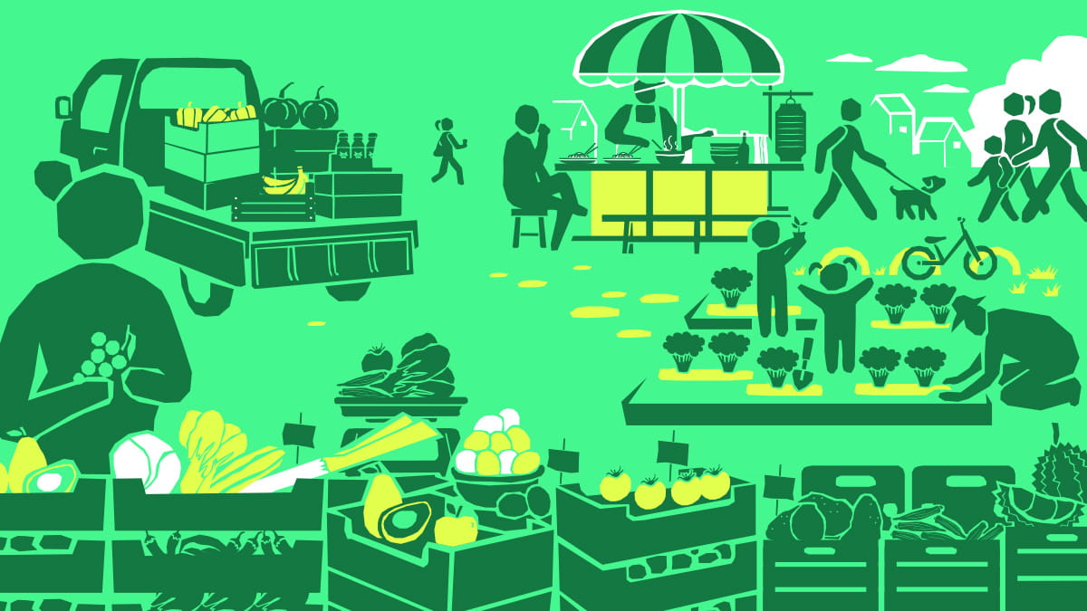 Green illustration of people around various types of food