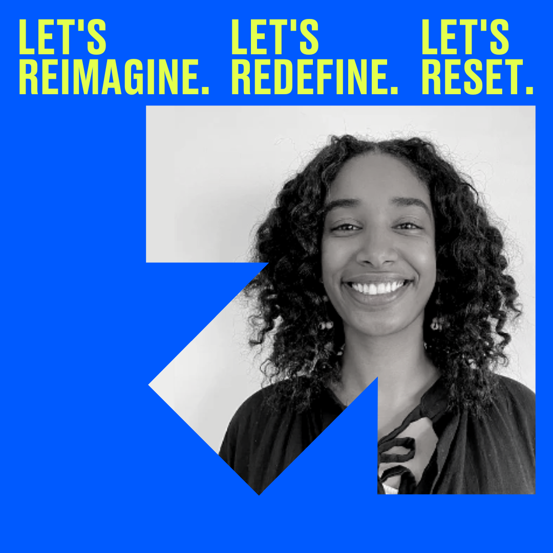 Picture of a young person in the top right corner behind an arrow with text "let's redeine." on the top left corner. Giant Future Reset Youth Summit title is placed at the bottom half of the image on a blue background.