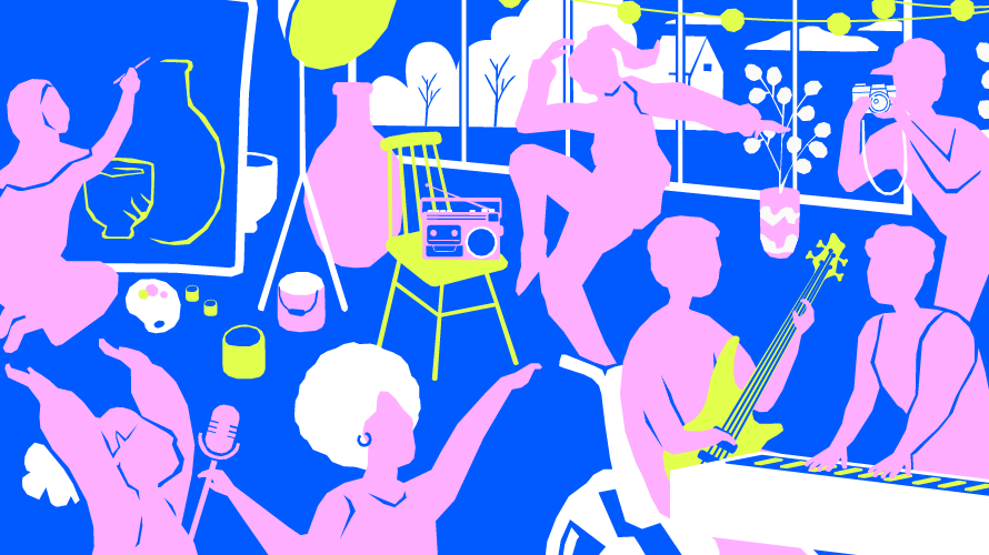 Illustration in pink blue and yellow of people doing arts